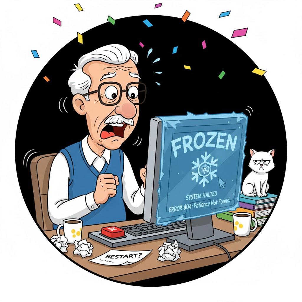 Wacky cartoon illustration of a shocked senior man staring at a computer screen frozen solid inside a giant block of ice, dramatic exaggerated reactions, playful colorful cartoon style, cozy home office setting, square format, no text. Wacky cartoon illustration of a shocked senior man staring at a computer screen frozen solid inside a giant block of ice, dramatic exaggerated reactions, playful colorful cartoon style, cozy home office setting, square format, no text.
