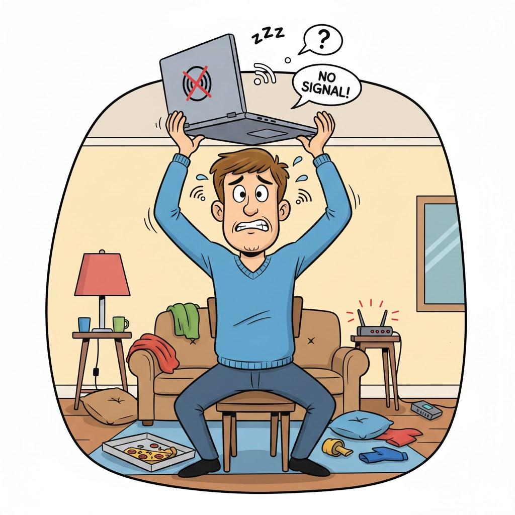 Funny cartoon illustration of a frustrated man holding a laptop high above his head while desperately searching for a signal, messy living room, exaggerated expressions, playful colorful cartoon style, square format, no text. Image 3 (Comput Funny cartoon illustration of a frustrated man holding a laptop high above his head while desperately searching for a signal, messy living room, exaggerated expressions, playful colorful cartoon style, square format, no text. Image 3 (Comput