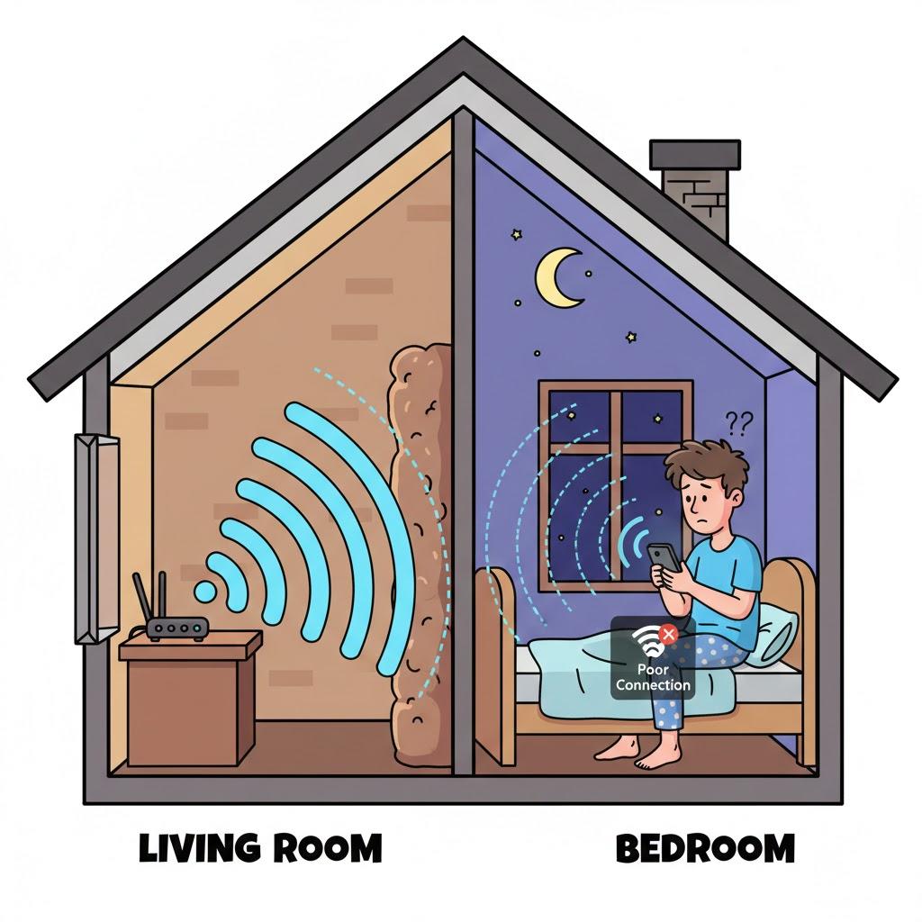 Funny cartoon cutaway illustration of a house showing a Wi-Fi router in one room and a frustrated person in a distant bedroom, wireless signals becoming weaker as they pass through thick walls, playful educational cartoon style, bright colors, square format, no text. Funny cartoon cutaway illustration of a house showing a Wi-Fi router in one room and a frustrated person in a distant bedroom, wireless signals becoming weaker as they pass through thick walls, playful educational cartoon style, bright colors, square format, no text.