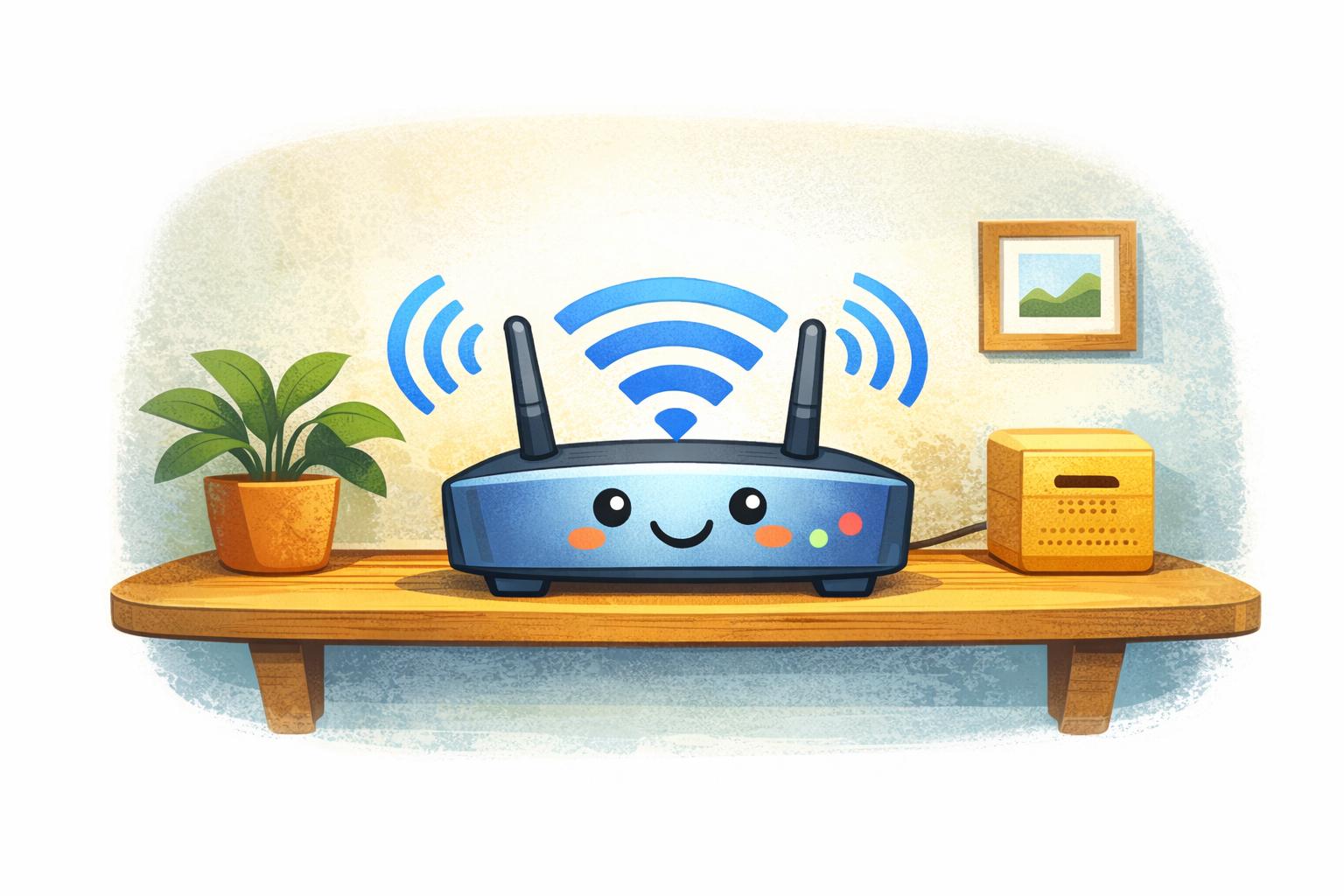 Cute cartoon illustration of a happy Wi-Fi router sitting proudly on a shelf in the center of a home, sending strong wireless signals throughout the room, cheerful expression, bright colorful cartoon style, cozy home setting, square format, no text. Cute cartoon illustration of a happy Wi-Fi router sitting proudly on a shelf in the center of a home, sending strong wireless signals throughout the room, cheerful expression, bright colorful cartoon style, cozy home setting, square format, no text.