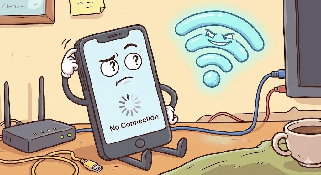 Funny cartoon illustration of a confused smartphone sitting beside a Wi-Fi router. The phone shows a loading symbol while a mischievous Wi-Fi signal character hovers nearby, suggesting that the device is connected to Wi-Fi but cannot reach the internet. Cozy desk setting with cables, coffee mug, and monitor in the background. Playful, colorful cartoon style, landscape format, no text. Funny cartoon illustration of a confused smartphone sitting beside a Wi-Fi router. The phone shows a loading symbol while a mischievous Wi-Fi signal character hovers nearby, suggesting that the device is connected to Wi-Fi but cannot reach the internet. Cozy desk setting with cables, coffee mug, and monitor in the background. Playful, colorful cartoon style, landscape format, no text.