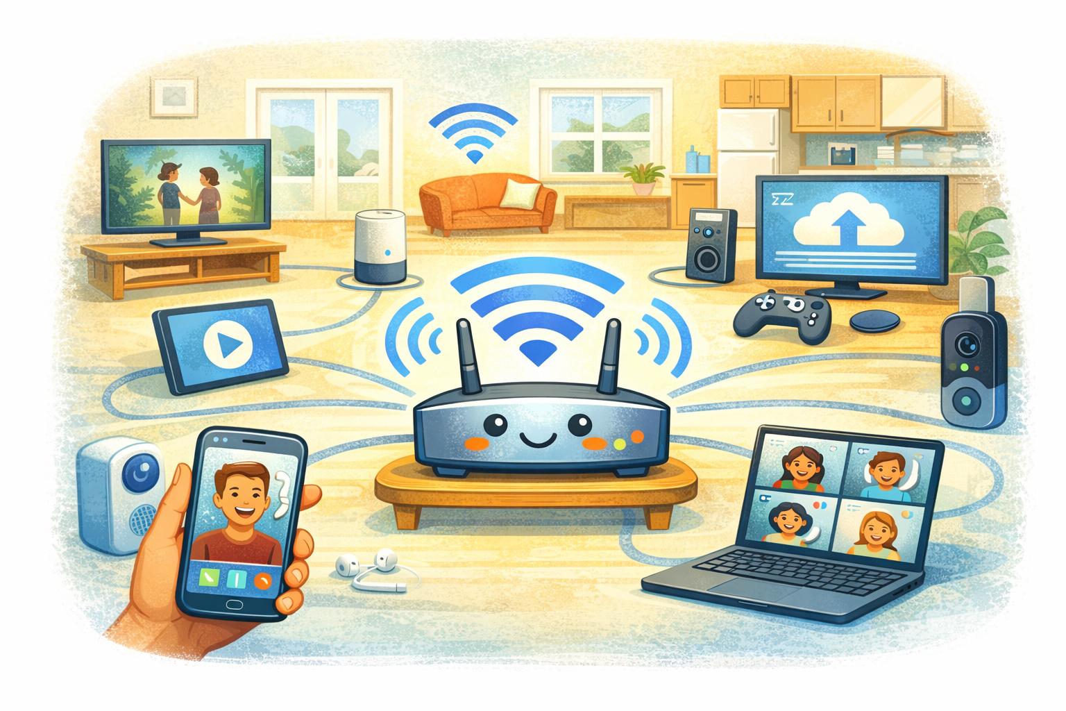 Friendly cartoon illustration of a happy Wi-Fi router connected to many household devices including a phone, laptop, TV, tablet, smart speaker, security camera, and streaming devices. All devices show strong Wi-Fi signals while a cloud internet service icon in the background appears sleepy or unavailable, illustrating that the home network is working but the internet connection is not. Bright, colorful, educational cartoon style, warm home setting, landscape format, no text. Friendly cartoon illustration of a happy Wi-Fi router connected to many household devices including a phone, laptop, TV, tablet, smart speaker, security camera, and streaming devices. All devices show strong Wi-Fi signals while a cloud internet service icon in the background appears sleepy or unavailable, illustrating that the home network is working but the internet connection is not. Bright, colorful, educational cartoon style, warm home setting, landscape format, no text.