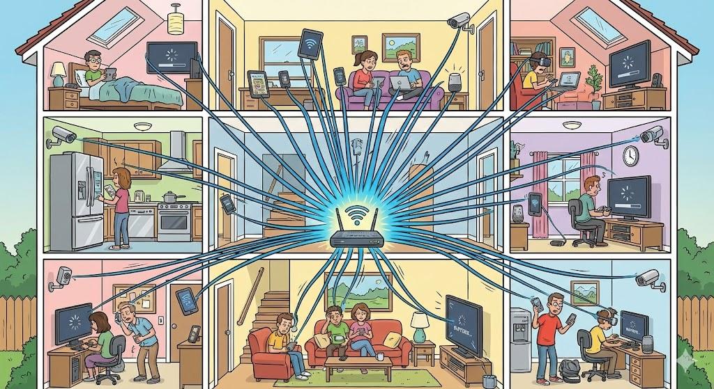 Humorous cutaway cartoon illustration of a multi-room house packed with connected devices. A Wi-Fi router in the center sends connection lines to dozens of smartphones, laptops, tablets, TVs, security cameras, gaming systems, and smart appliances throughout the home. Family members in different rooms are all using the internet at the same time. Fun educational style, colorful detailed cartoon artwork, easy-to-understand visual storytelling, landscape format, no text.