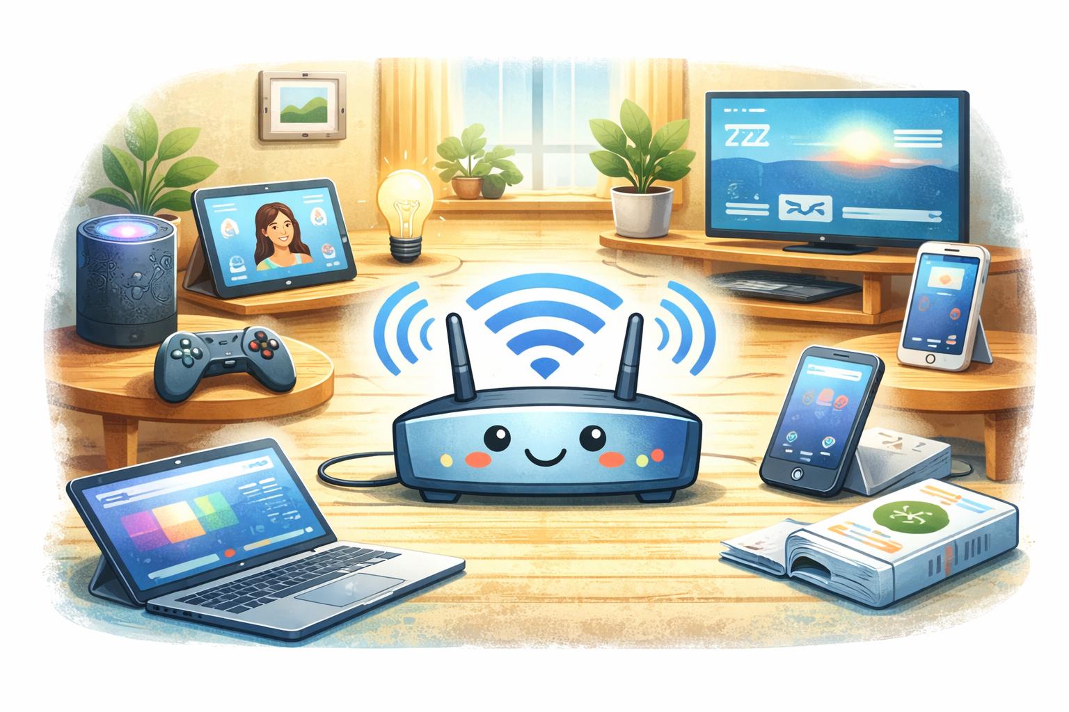Friendly educational cartoon illustration of a cheerful Wi-Fi router sitting in the center of a cozy home, surrounded by many connected devices including a laptop, tablet, smartphone, smart speaker, gaming controller, streaming TV, and smart home gadgets. Bright blue Wi-Fi signals radiate outward to every device, showing a busy but well-functioning network. Warm lighting, colorful family-friendly style, clean composition, soft textured digital illustration, landscape format, no text.