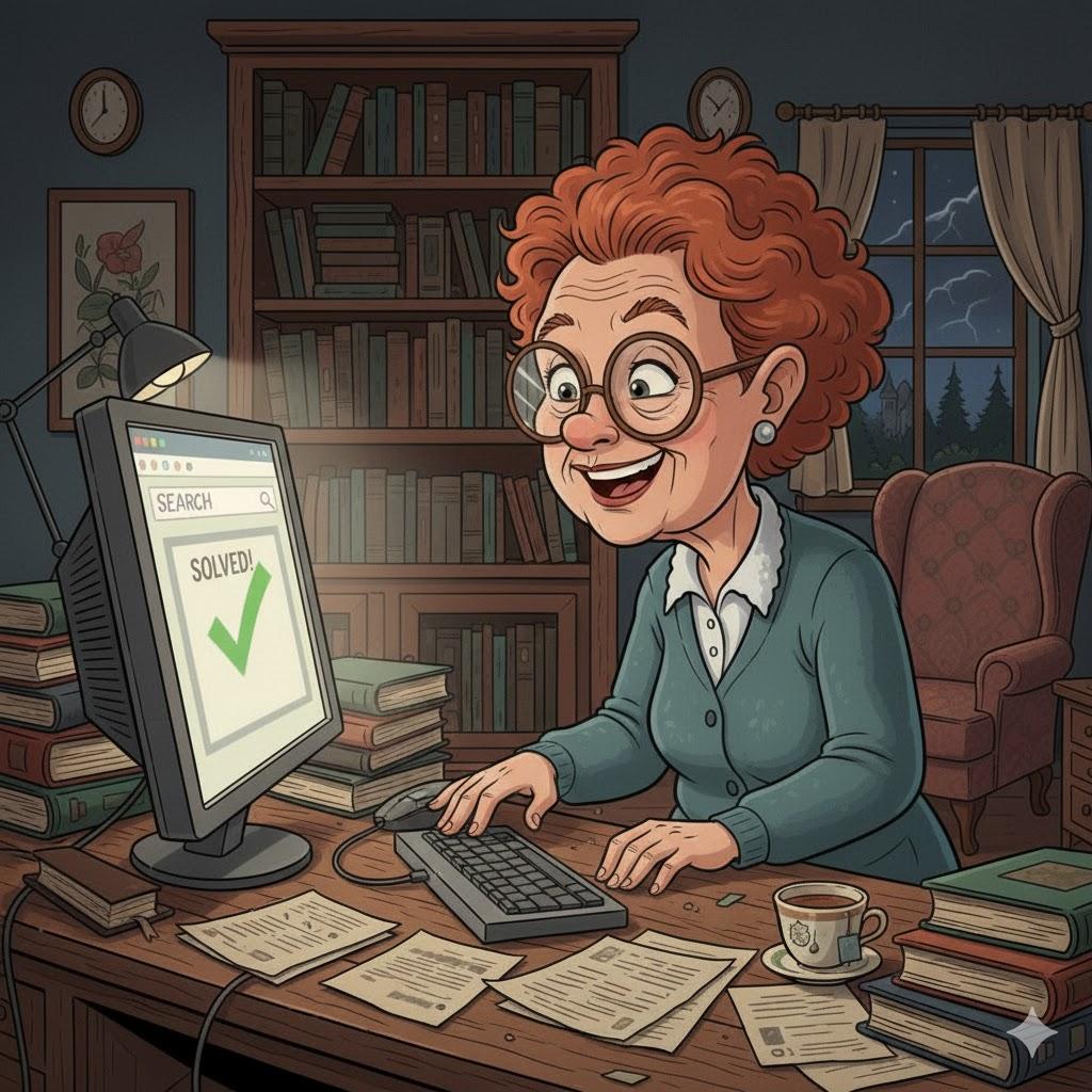  Warm cartoon-style illustration of a cheerful senior woman sitting at a desk surrounded by stacks of papers and books, happily using her desktop computer after successfully finding an important file. A large green checkmark appears on the screen as she smiles with relief. Cozy home office with bookshelf, reading lamp, evening atmosphere, playful and friendly style, detailed cartoon illustration, square format, no text.
