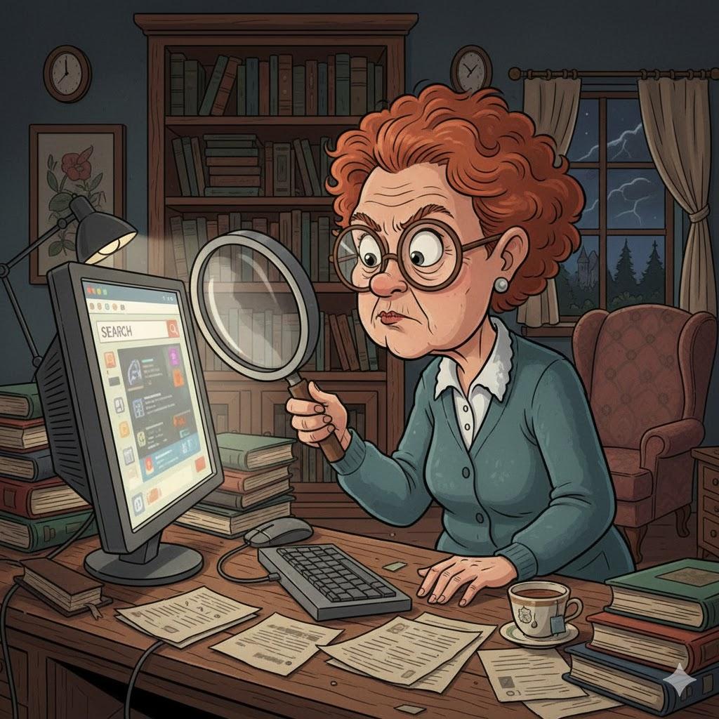 Funny cartoon-style illustration of a determined senior woman acting like a detective, holding a large magnifying glass while searching through folders and icons on a desktop computer screen. Papers, books, and notes are scattered around her desk as she tries to locate a missing file. Cozy home office setting with bookshelves and warm lighting, playful exaggerated expressions, colorful cartoon artwork, square format, no text.