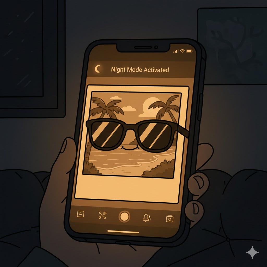 Playful cartoon illustration of a smartphone showing the same vacation photo wearing oversized sunglasses because Night Mode has made everything look warmer and darker. The phone screen glows in a dimly lit bedroom while the photo character proudly poses as if dressed differently for nighttime viewing. Funny visual metaphor for display settings changing photo appearance. Bright, friendly cartoon style, square format, no text.