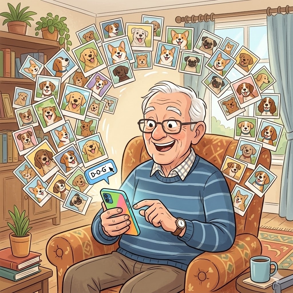 Playful cartoon illustration of a happy senior man using facial recognition and search tools on his smartphone to instantly find hundreds of photos of his favorite dog. Dog photos magically float around him in the air while search results rapidly organize themselves into neat albums. Bright, whimsical, easy-to-understand cartoon style, cozy living room setting, square format, no text.