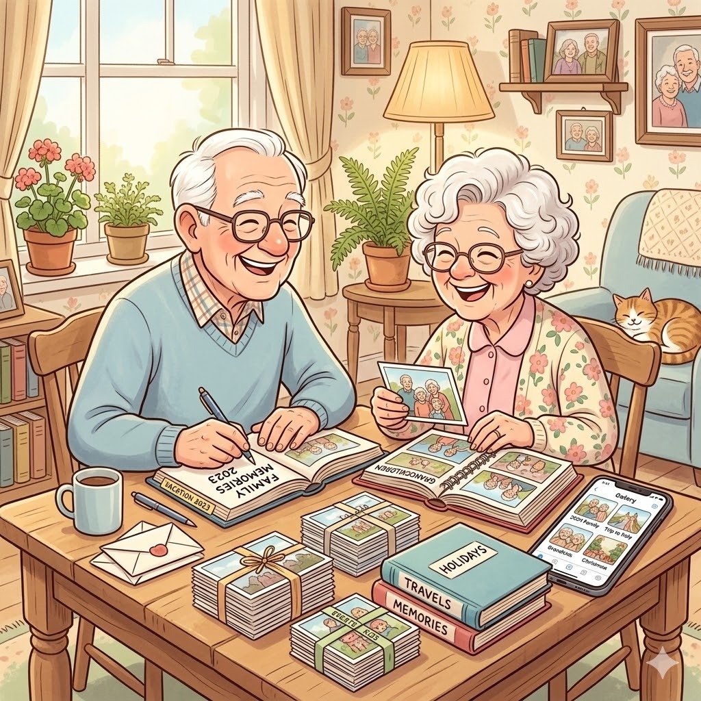 Heartwarming cartoon illustration of a smiling senior couple sitting at a dining table organizing old family photos into neat categories such as vacations, holidays, family gatherings, and special memories. Printed photos are stacked into tidy piles while a smartphone nearby shows matching digital albums. Cozy home setting, warm colors, friendly cartoon style, square format, no text.