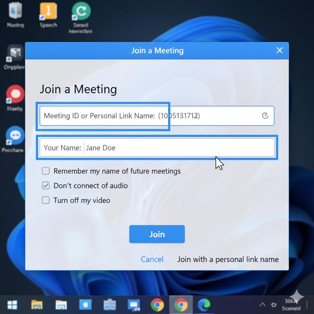 Clear educational screenshot-style illustration showing a computer screen with the Zoom Join a Meeting window open. The Meeting ID field and Name field are highlighted with simple blue outlines to demonstrate where users enter their information before joining a call. Clean interface, easy-to-follow visual guide, realistic computer desktop background, no text overlays beyond the application interface.