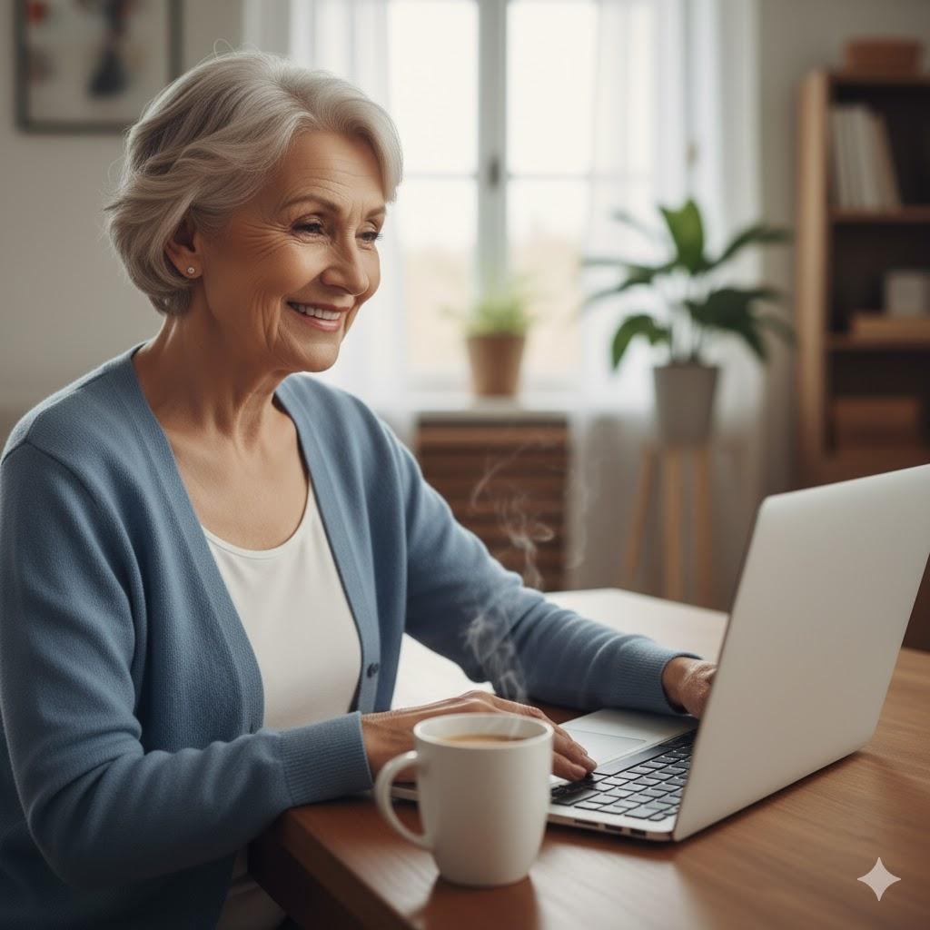 Warm, realistic photo-style image of a smiling senior woman sitting comfortably at a kitchen table using a laptop computer for the first time. Soft natural morning light through a window, steaming coffee mug nearby, clean and welcoming home environment, approachable technology, shallow depth of field, high-quality lifestyle photography, no text.