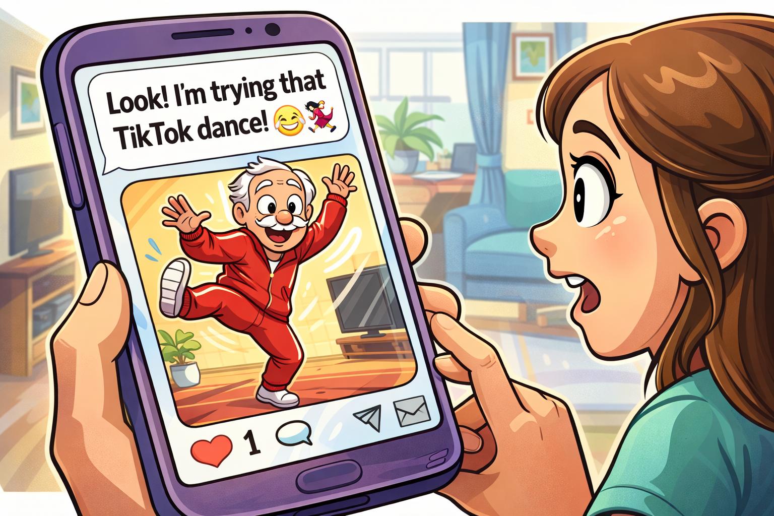 Playful cartoon-style illustration of a cheerful senior man proudly showing off a silly dance move in a bright living room while sharing a photo through a messaging app. A younger family member smiles while looking at the phone screen. Colorful, lighthearted, family-friendly atmosphere, exaggerated joyful expressions, vibrant colors, square 1:1 format, no text, no speech bubbles, no interface labels.