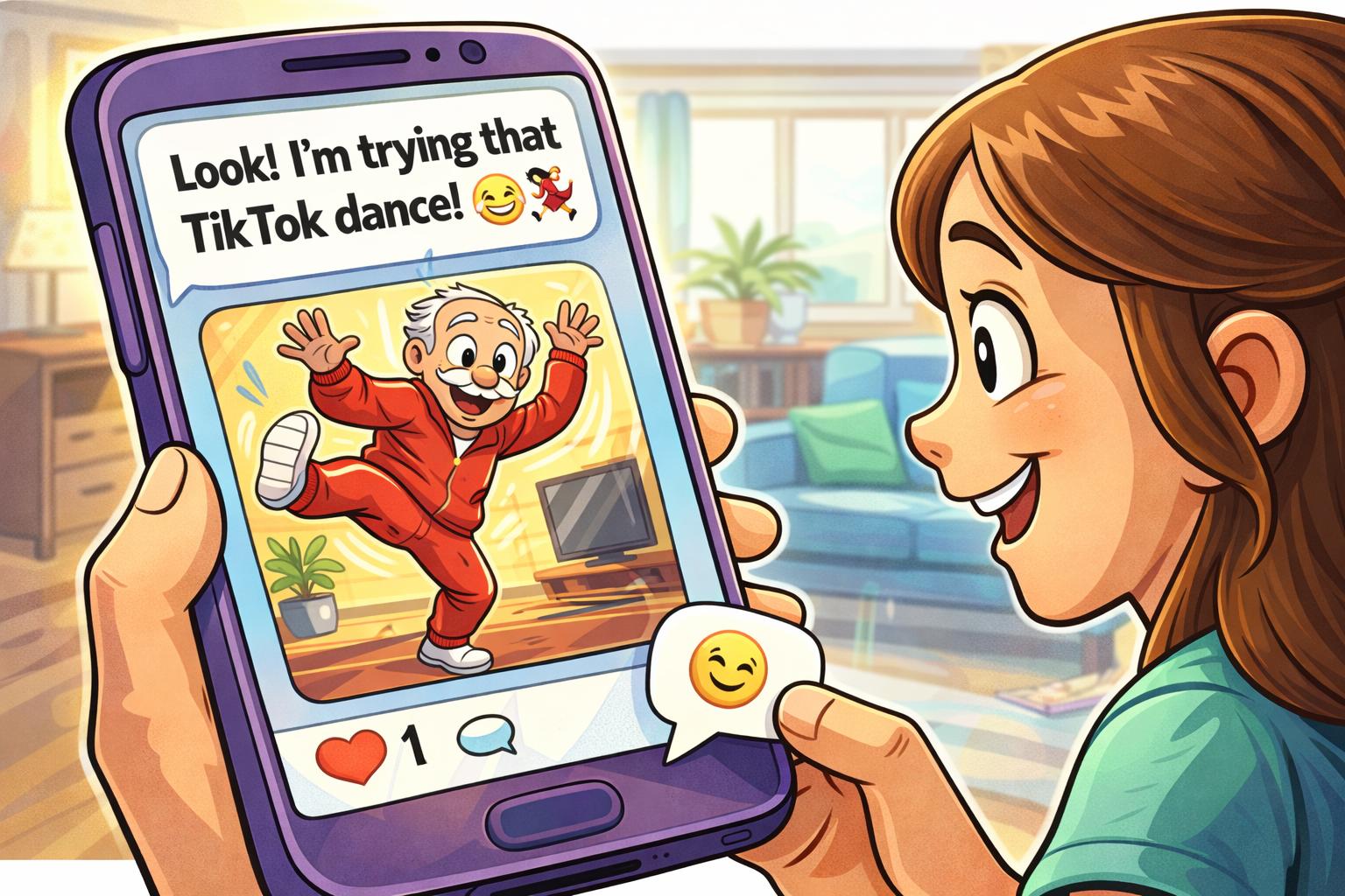 Funny cartoon-style illustration of a younger family member reacting with surprise and delight while viewing a smartphone photo of a cheerful senior man striking an energetic dance pose in his living room. Warm family connection, playful expressions, colorful and vibrant scene, clean cartoon artwork, square 1:1 format, no text, no speech bubbles, no interface labels.
