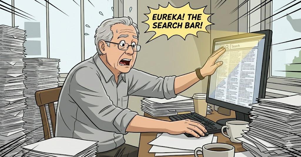 Funny cartoon-style illustration of a surprised senior man discovering a glowing search bar on his computer screen like hidden treasure while surrounded by towering stacks of paperwork. Expression of sudden realization and excitement, playful office setting, colorful cartoon artwork, square 1:1 format, no text, no speech bubbles, no labels.