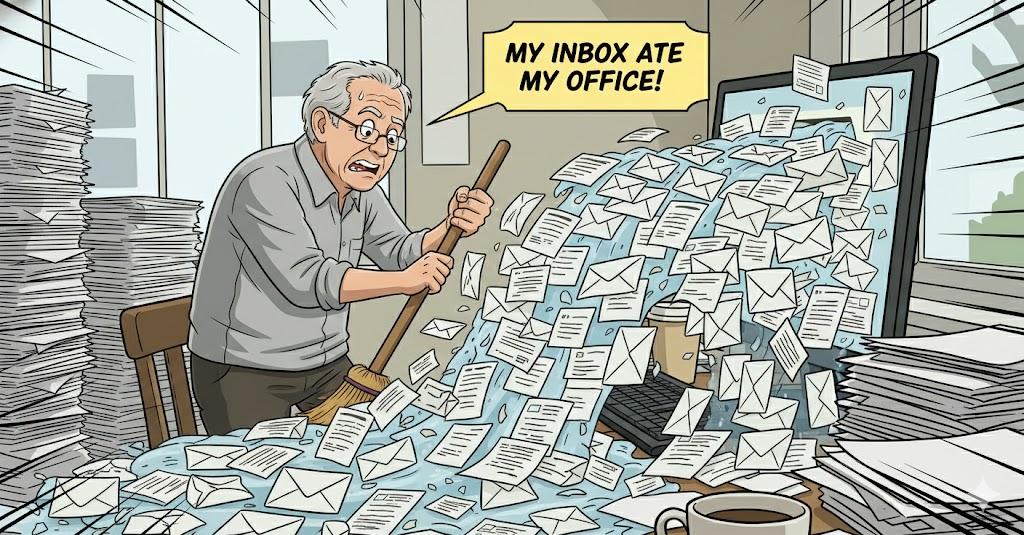 Wacky cartoon-style illustration of a frustrated senior man standing in an office as a gigantic flood of email envelopes bursts out of his computer screen like a tidal wave, covering the desk and floor. Exaggerated expressions, humorous chaos, flying papers, playful visual metaphor for an overloaded inbox, colorful cartoon art, square 1:1 format, no text, no speech bubbles, no labels.