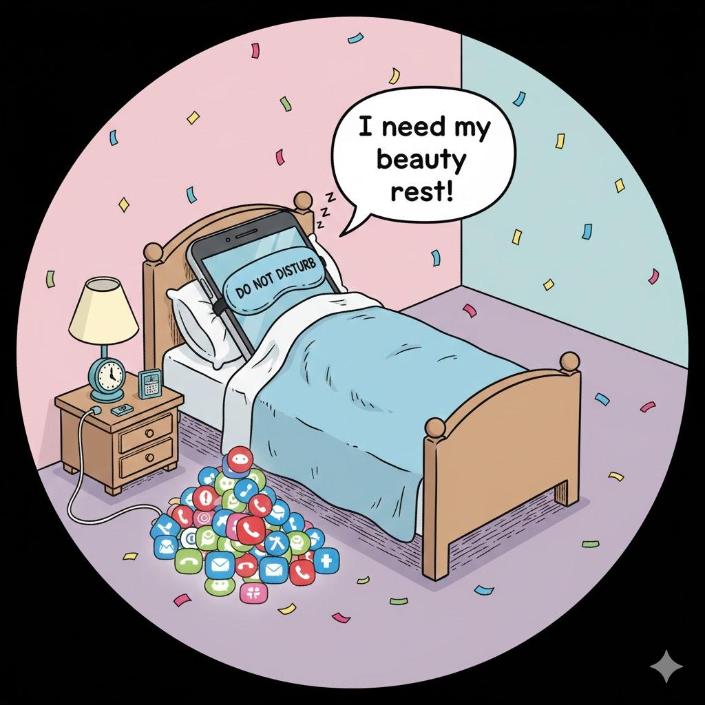 Funny cartoon-style illustration of a smartphone tucked into bed wearing a sleep mask with colorful notification icons quietly waiting nearby, representing Do Not Disturb mode. Cozy bedroom, whimsical and humorous, soft nighttime colors, playful cartoon style, square 1:1 format, no text, no speech bubbles, no labels. Funny cartoon-style illustration of a smartphone tucked into bed wearing a sleep mask with colorful notification icons quietly waiting nearby, representing Do Not Disturb mode. Cozy bedroom, whimsical and humorous, soft nighttime colors, playful cartoon style, square 1:1 format, no text, no speech bubbles, no labels.