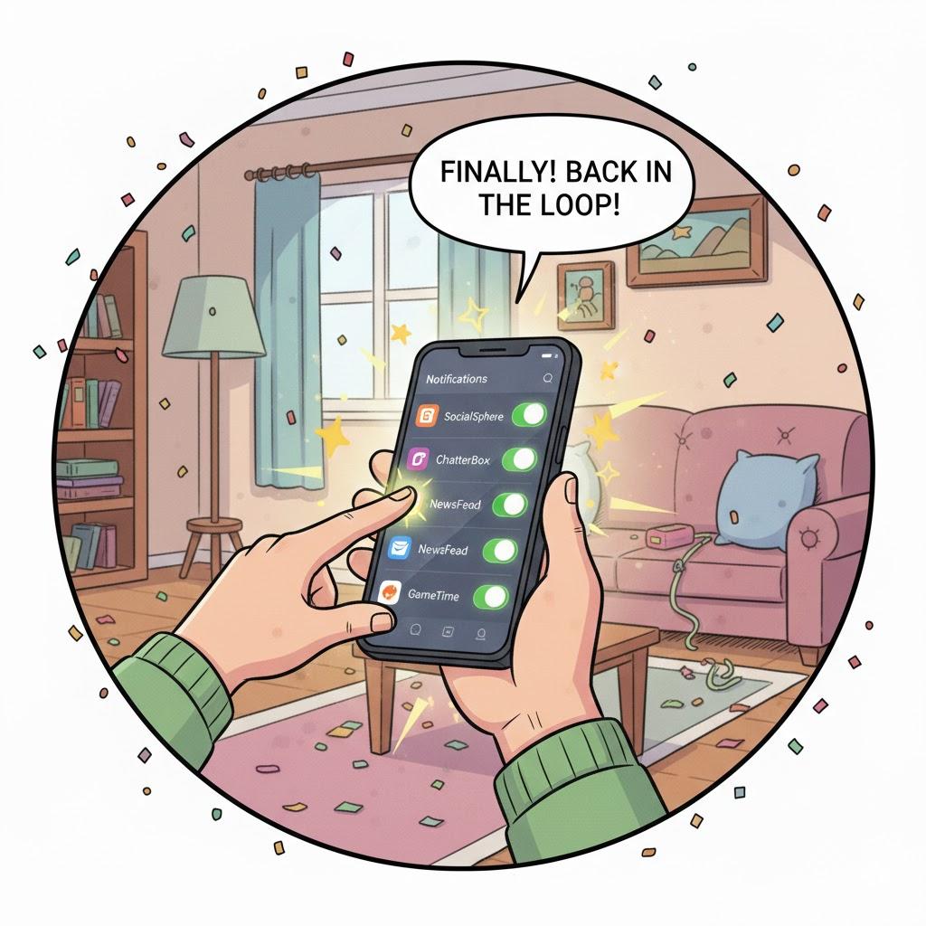 Playful cartoon-style illustration of someone happily turning on important app notifications on a smartphone while colorful notification icons sparkle to life around the screen. Cozy living room background, cheerful celebration, bright vibrant colors, clean modern cartoon style, square 1:1 format, no text, no speech bubbles, no interface labels. Playful cartoon-style illustration of someone happily turning on important app notifications on a smartphone while colorful notification icons sparkle to life around the screen. Cozy living room background, cheerful celebration, bright vibrant colors, clean modern cartoon style, square 1:1 format, no text, no speech bubbles, no interface labels.