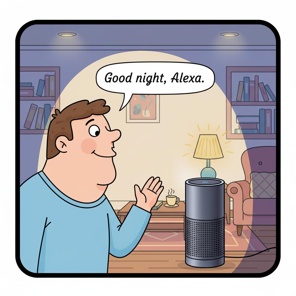 Playful cartoon-style illustration of a cheerful senior saying a bedtime voice command to a smart speaker while the living room lights gently dim on their own. Cozy evening atmosphere, warm lighting, magical but realistic smart home effect, colorful friendly cartoon style, square 1:1 format, no text, no speech bubbles, no brand logos. Playful cartoon-style illustration of a cheerful senior saying a bedtime voice command to a smart speaker while the living room lights gently dim on their own. Cozy evening atmosphere, warm lighting, magical but realistic smart home effect, colorful friendly cartoon style, square 1:1 format, no text, no speech bubbles, no brand logos.