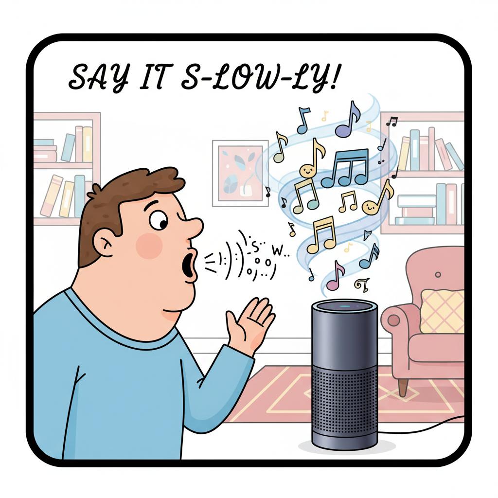 Funny cartoon-style illustration of a senior speaking slowly and clearly to a smart speaker while friendly sound waves travel toward it and cheerful musical notes and glowing response icons appear above the device, showing it understood the command. Bright cozy living room, humorous but encouraging, colorful cartoon style, square 1:1 format, no text, no speech bubbles, no brand logos. Funny cartoon-style illustration of a senior speaking slowly and clearly to a smart speaker while friendly sound waves travel toward it and cheerful musical notes and glowing response icons appear above the device, showing it understood the command. Bright cozy living room, humorous but encouraging, colorful cartoon style, square 1:1 format, no text, no speech bubbles, no brand logos.