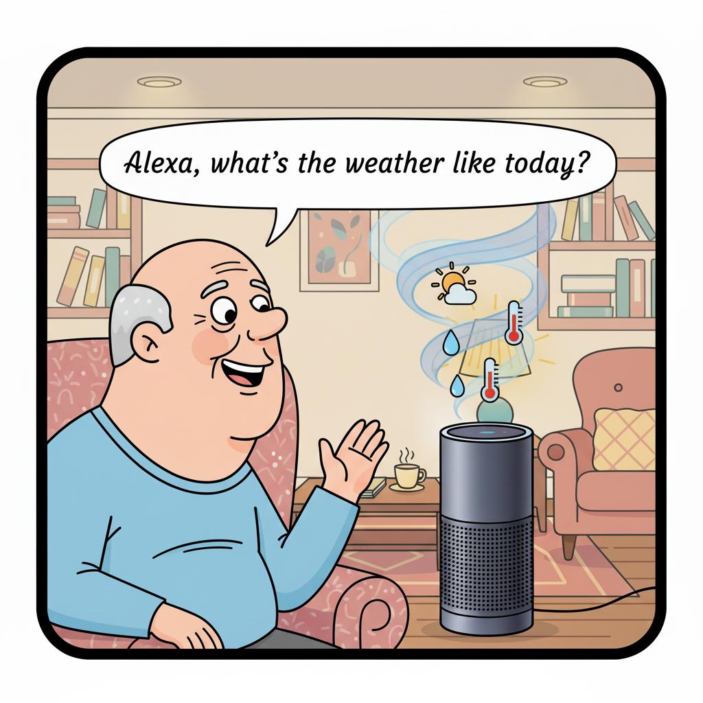 Friendly cartoon-style illustration of a smiling senior asking a smart speaker about today's weather while colorful weather icons (sun, clouds, rain, temperature) appear as glowing symbols above the speaker. Cozy living room, warm morning atmosphere, bright colorful cartoon artwork, square 1:1 format, no text, no speech bubbles, no brand logos. Friendly cartoon-style illustration of a smiling senior asking a smart speaker about today's weather while colorful weather icons (sun, clouds, rain, temperature) appear as glowing symbols above the speaker. Cozy living room, warm morning atmosphere, bright colorful cartoon artwork, square 1:1 format, no text, no speech bubbles, no brand logos.