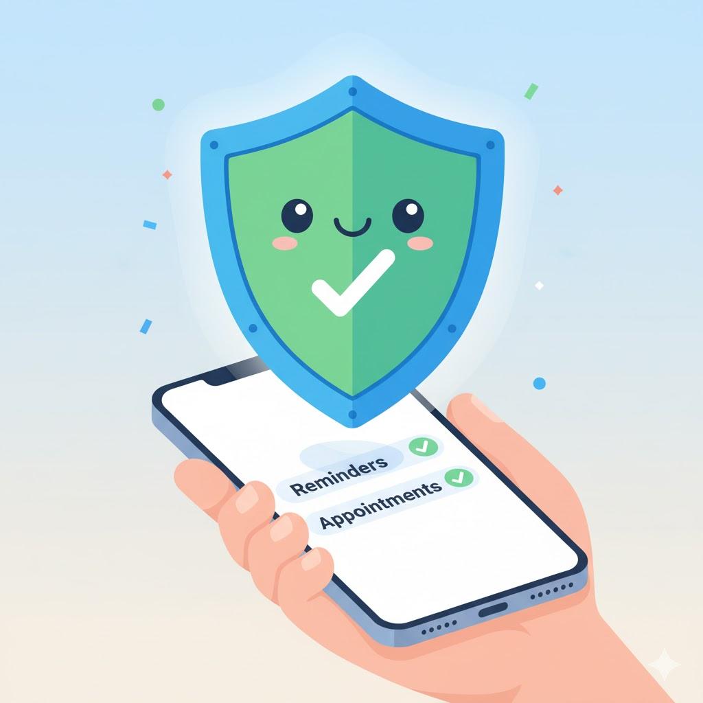 Clean, friendly cartoon-style illustration of a smartphone displaying a simple reminders app with completed reminders for medications and appointments while a smiling protective shield mascot floats above the phone. Bright minimalist background, cheerful colors, easy-to-understand design, square 1:1 format, no text, no logos, no brand names.