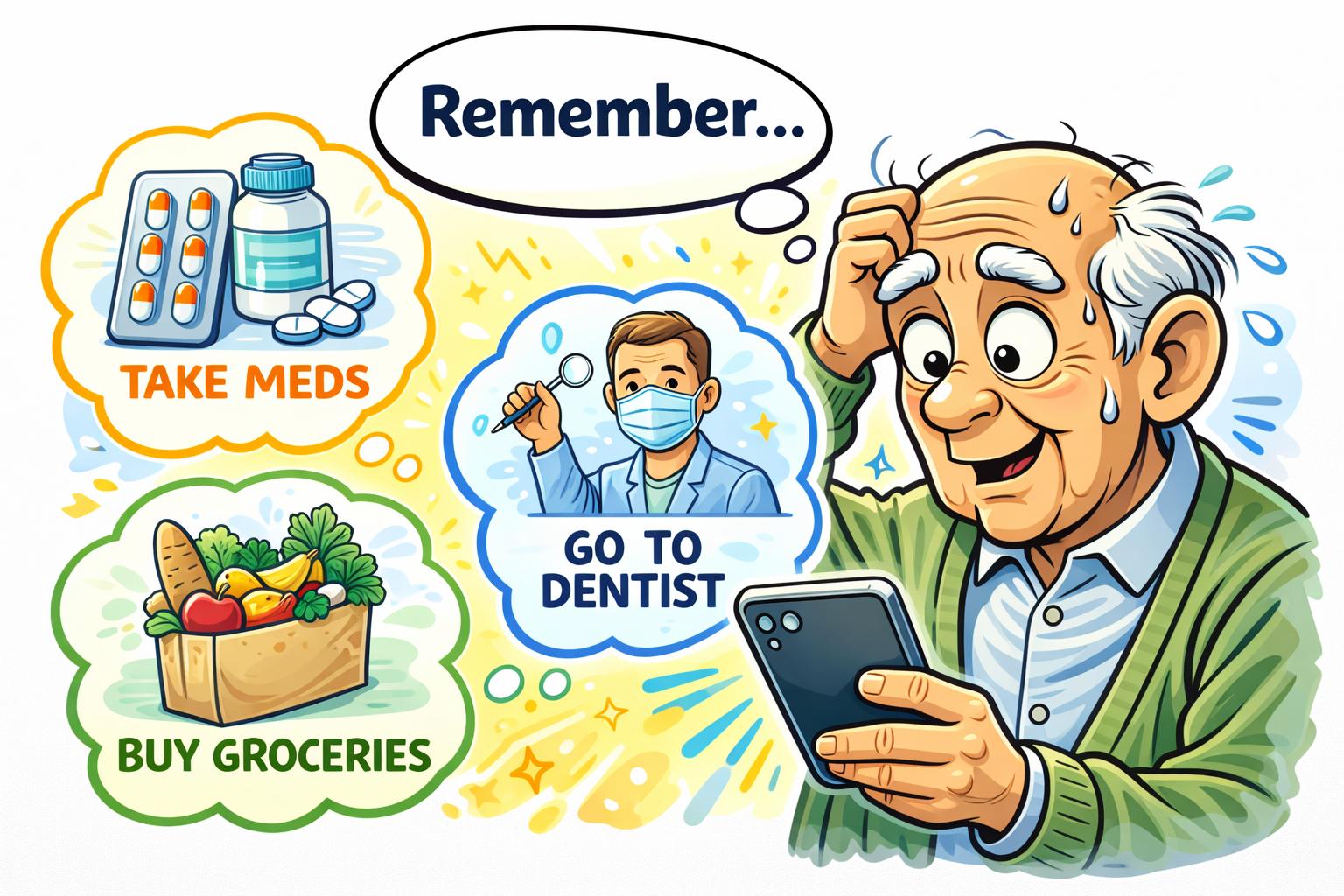 Playful cartoon-style illustration of a relieved senior smiling while checking off completed reminders on a smartphone. Around them, floating icons of a pill bottle, calendar, grocery basket, and dental appointment each have cheerful green check marks, showing everything has been remembered. Bright optimistic atmosphere, colorful friendly cartoon style, square 1:1 format, no text, no speech bubbles.