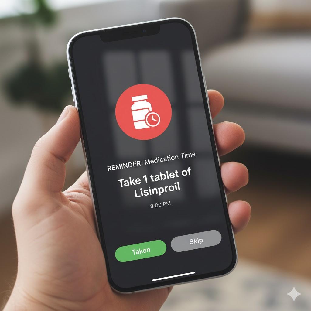 Close-up cartoon-style illustration of a smartphone displaying a friendly medication reminder notification with large easy-to-read buttons labeled "Taken" and "Snooze." A senior's hand is about to tap "Taken," with a cozy living room softly blurred in the background. Bright, reassuring colors, square 1:1 format, no text, no logos, no medication names.