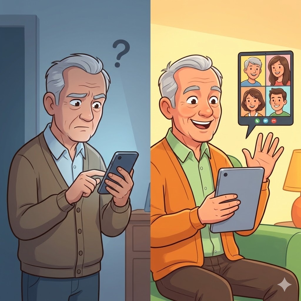 Split-screen cartoon-style illustration showing a senior on the left looking nervous while using a smartphone in a dim room with a few floating question marks, and the same senior on the right smiling confidently while enjoying a video call with family on a tablet in a bright, cozy living room. Warm, encouraging, colorful cartoon style, square 1:1 format, no text, no speech bubbles.