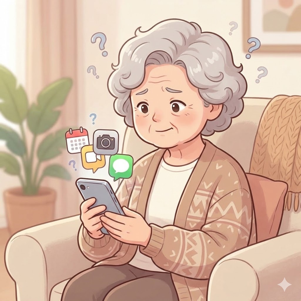 Friendly cartoon-style illustration of a senior woman sitting comfortably in a cozy living room, looking thoughtfully at her smartphone with a few small floating question mark icons and simple app icons nearby. Her expression is curious rather than frustrated, suggesting she is learning something new. Soft warm colors, welcoming atmosphere, square 1:1 format, no text, no speech bubbles.