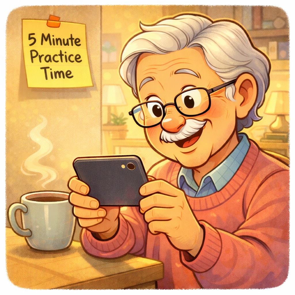 Warm, cheerful cartoon-style illustration of a smiling senior comfortably practicing on a smartphone for just a few minutes while enjoying a cup of coffee in a cozy home. A simple kitchen timer beside the mug shows five minutes, emphasizing small daily practice without any sticky notes or written signs. Bright, encouraging atmosphere, square 1:1 format, no text, no speech bubbles.