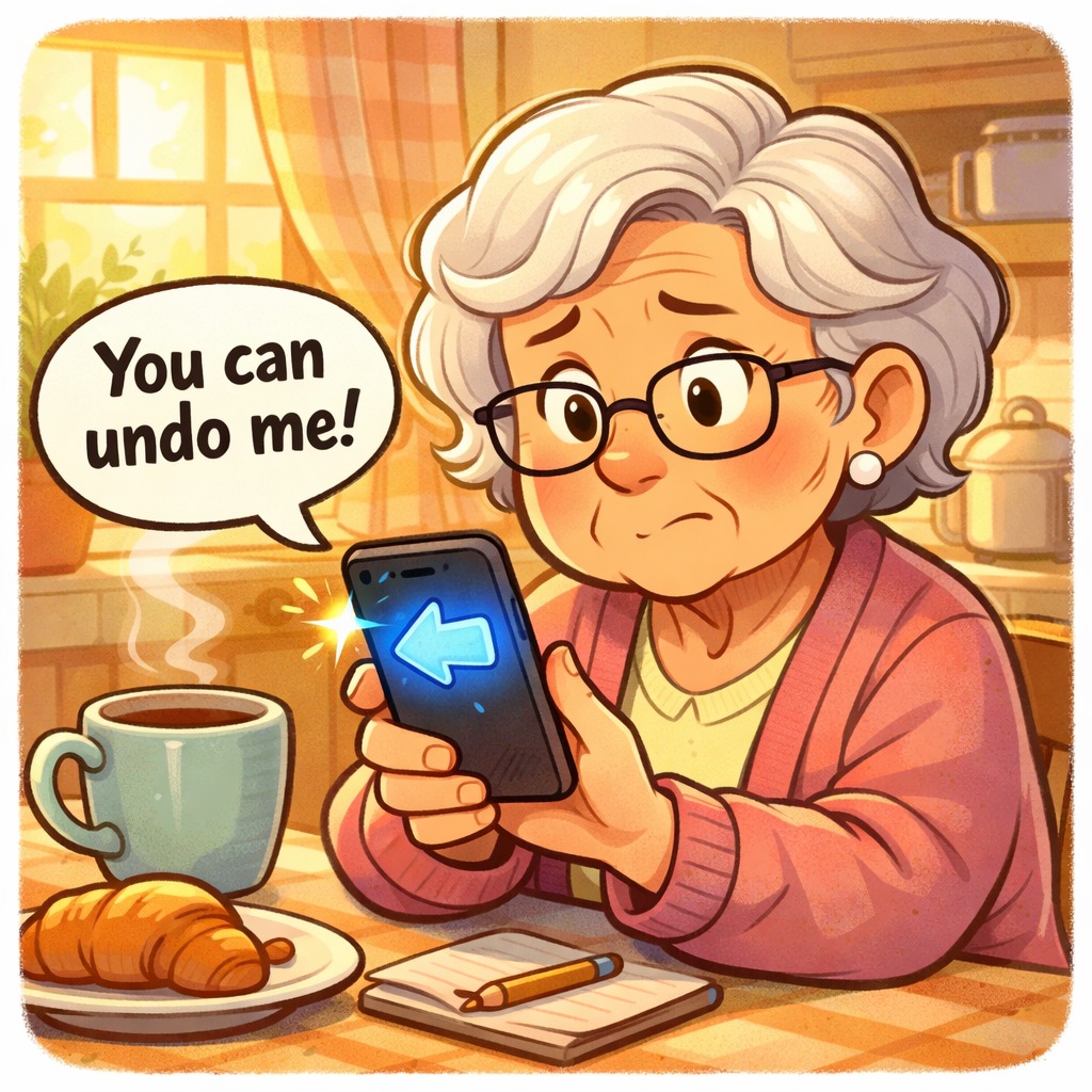Friendly cartoon-style illustration of a senior looking slightly worried after tapping the wrong button on a smartphone, while a large glowing undo arrow and back button gently float beside the phone to symbolize that mistakes can be fixed. The senior begins to smile with relief in a cozy kitchen setting. Warm, reassuring colors, square 1:1 format, no text, no speech bubbles.