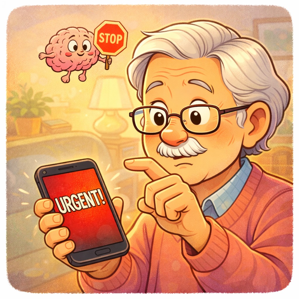 Friendly cartoon-style illustration of a senior calmly looking at a smartphone displaying a bright notification while pausing to think before tapping. Above the phone, a cheerful brain mascot holds up a stop sign, symbolizing "pause before reacting" without words. Warm home setting, encouraging atmosphere, colorful cartoon style, square 1:1 format, no text, no speech bubbles.