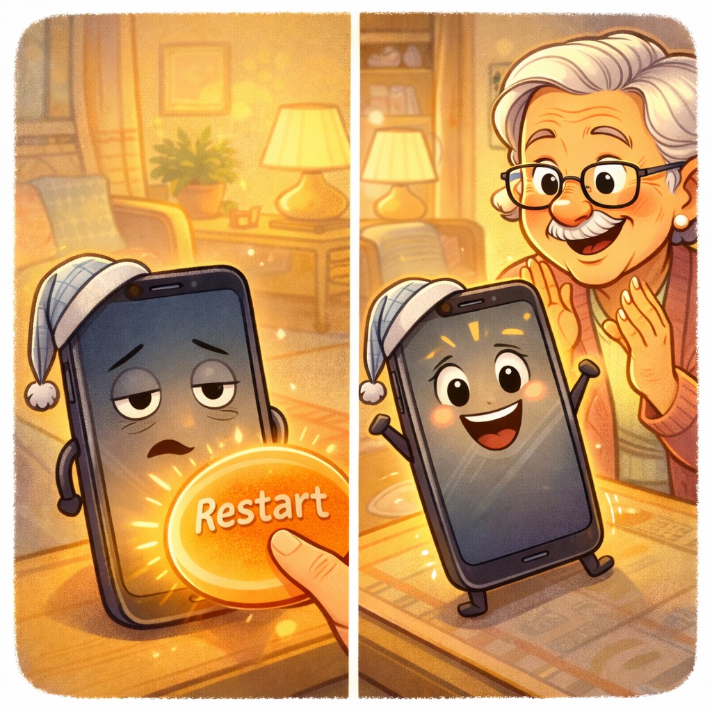 Playful cartoon-style illustration of a sleepy smartphone wearing a nightcap looking sluggish until a senior gently presses a large glowing restart button. In the next moment, the phone happily springs back to life with a bright smile while the senior celebrates. Cozy home setting, warm cheerful colors, square 1:1 format, no text, no speech bubbles.
