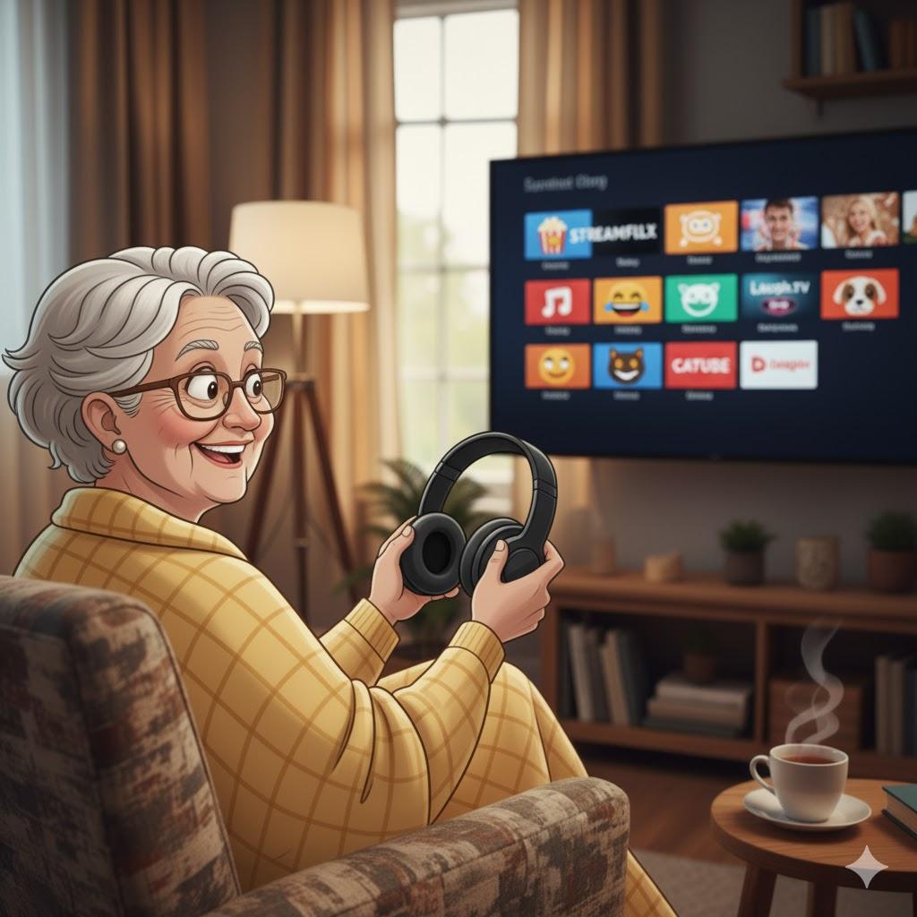 Warm, realistic illustration of a happy senior woman sitting comfortably in an armchair while holding a pair of wireless Bluetooth headphones, looking toward a smart TV ready for a movie night. A cup of tea rests on a nearby table in a cozy evening living room. Inviting, peaceful atmosphere, photorealistic style, square 1:1 format, no text, no logos.