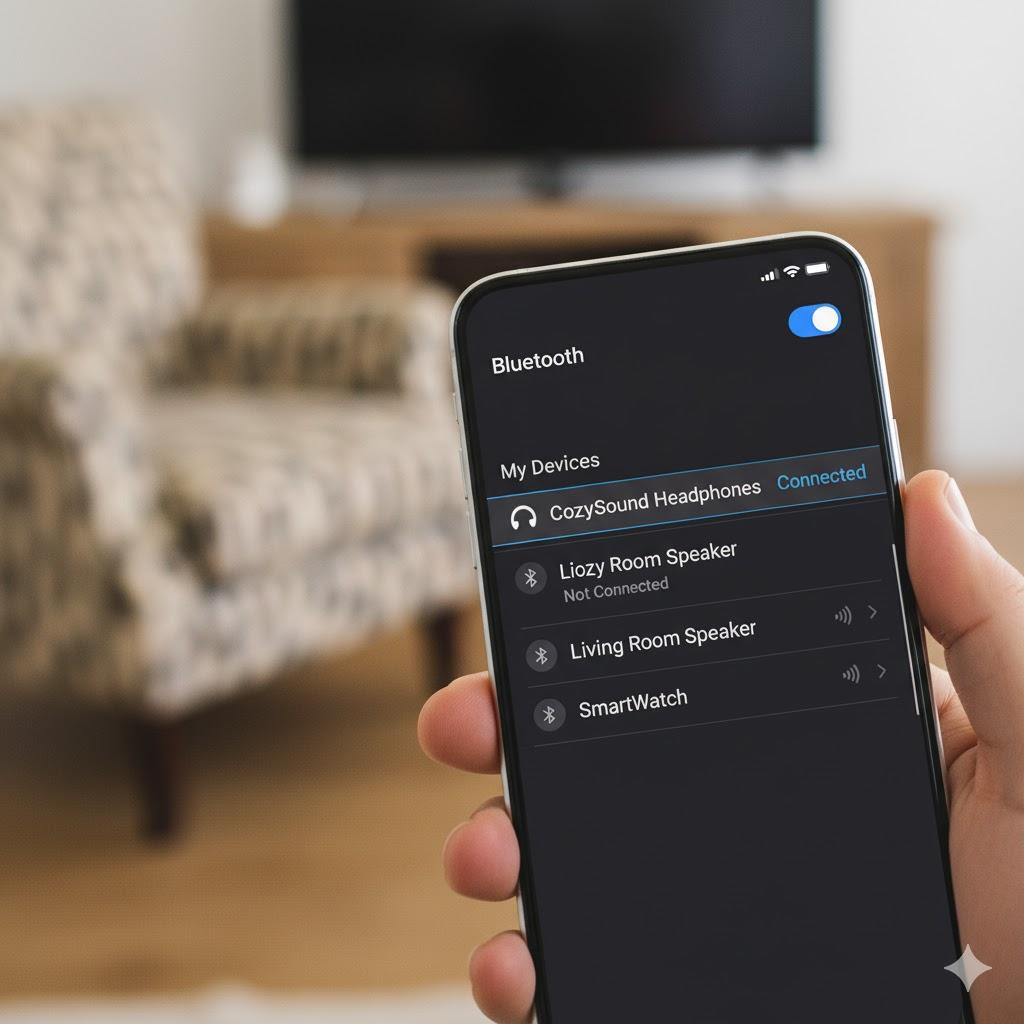 Realistic close-up of a hand holding a smartphone with the Bluetooth settings screen open, clearly showing wireless headphones connected while other nearby Bluetooth devices appear below. A softly blurred living room with a TV sits in the background, emphasizing easy wireless setup. Clean modern interface, natural lighting, photorealistic style, square 1:1 format, no brand names or logos.
