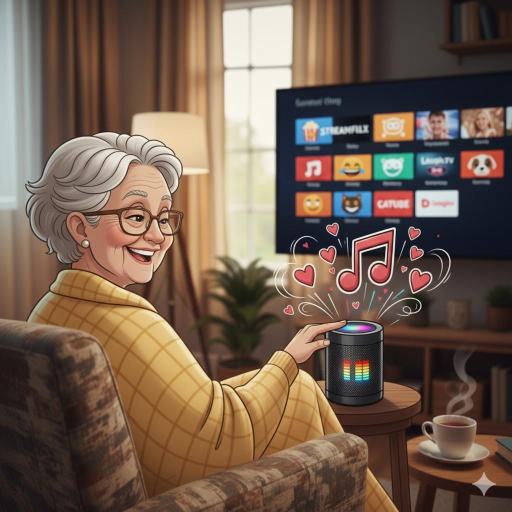 Warm, realistic illustration of a smiling senior woman relaxing in a cozy living room while using a compact smart speaker to play music. Colorful musical notes float gently from the speaker as a large smart TV in the background displays a streaming app menu. Soft evening lighting, comfortable home atmosphere, photorealistic style, square 1:1 format, no text, no logos.
