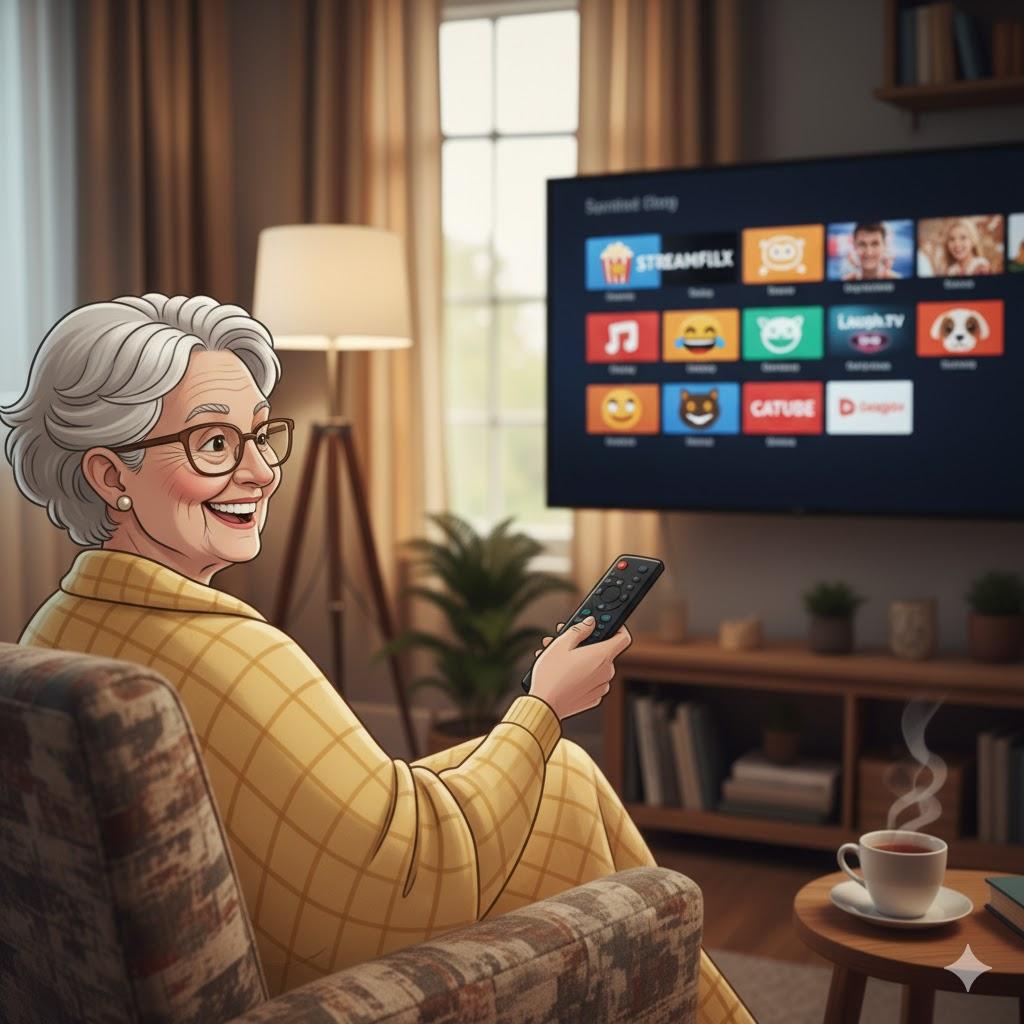 Warm, realistic illustration of a smiling senior woman relaxing comfortably in an armchair while using a TV remote to browse a smart TV streaming menu. The TV shows colorful streaming categories ready to choose from, creating a relaxed movie-night atmosphere. Cozy evening lighting, cup of tea on a nearby table, inviting home setting, photorealistic style, square 1:1 format, no text, no logos.