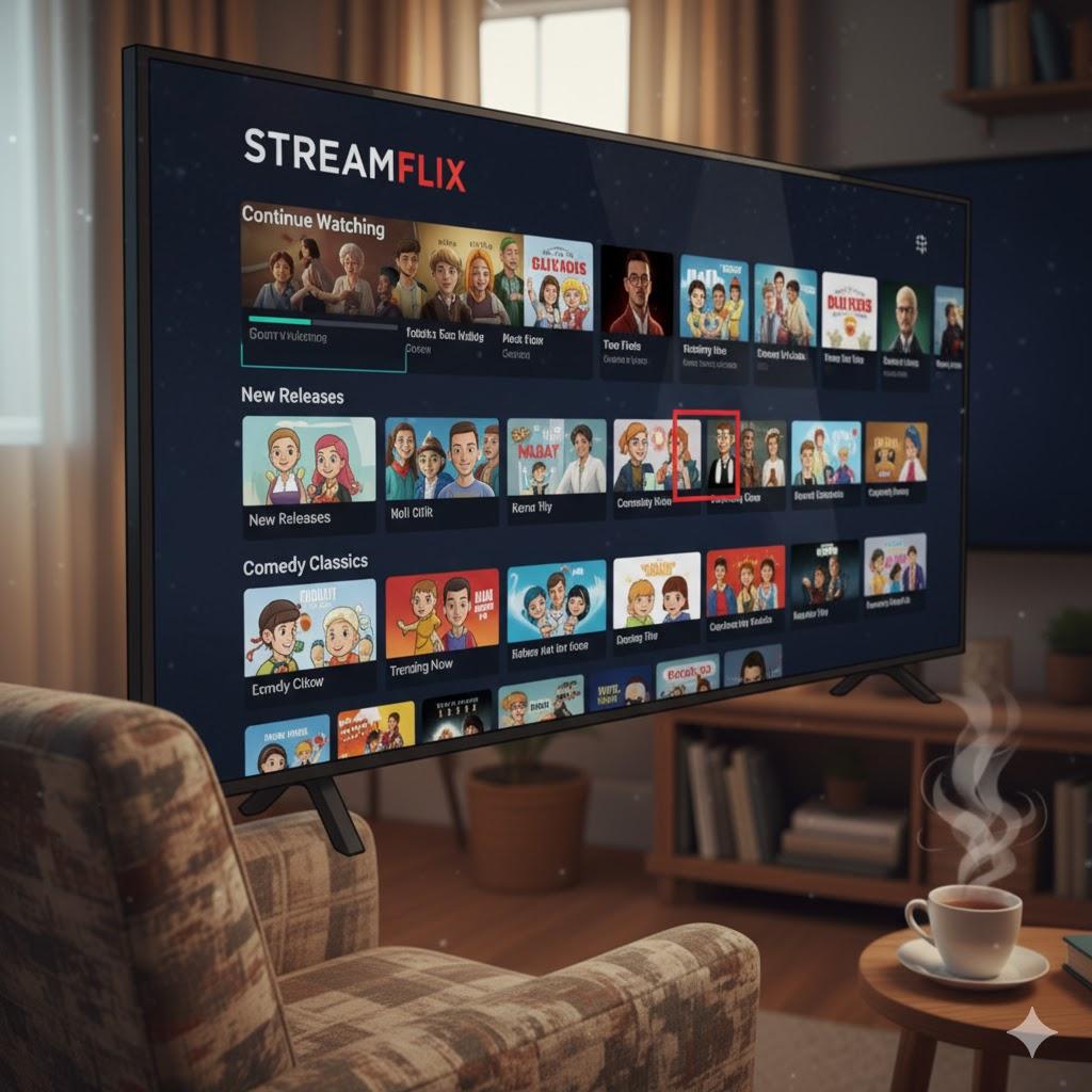 Realistic close-up of a modern smart TV displaying the home screen of a generic streaming service with rows of movies and TV shows neatly organized into categories like Continue Watching, New Releases, and Comedy. Clean, easy-to-read interface with colorful thumbnails, cozy living room background slightly blurred, photorealistic style, square 1:1 format, no recognizable brands or copyrighted movie titles.