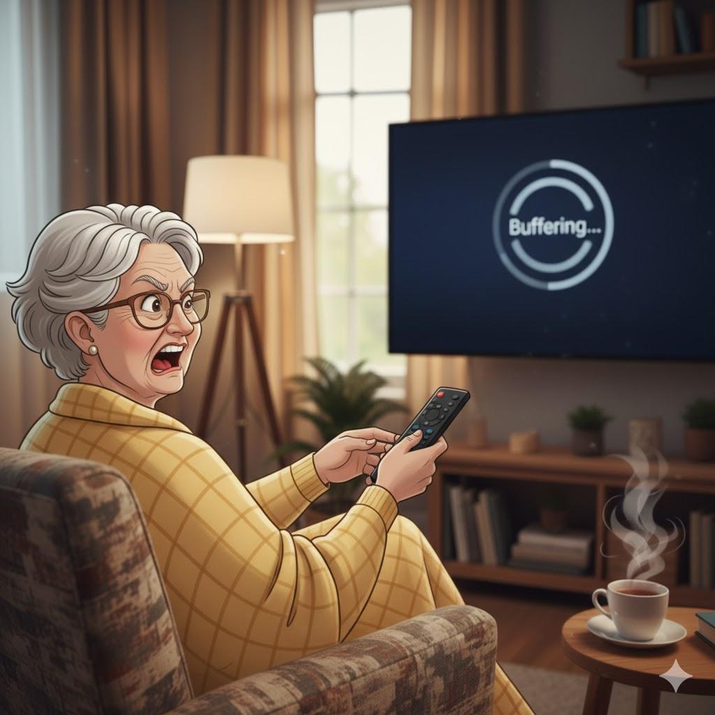 Warm, realistic illustration of a frustrated senior woman sitting in a cozy living room holding a TV remote while a large smart TV displays a simple buffering symbol. A cup of tea sits on a nearby table as she looks confused and impatient. Soft evening lighting, comfortable home atmosphere, photorealistic style, square 1:1 format, no text, no logos.