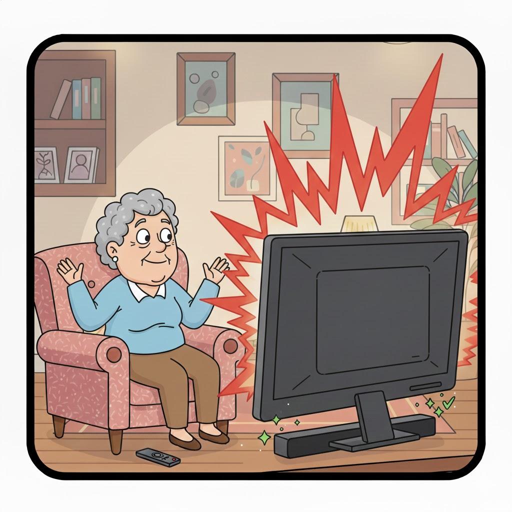 Warm, realistic illustration of a senior woman relaxing happily in her favorite armchair while comfortably watching television at a steady, pleasant volume. She holds the remote with a satisfied smile as the TV plays normally in the background. Cozy evening living room, soft lighting, peaceful atmosphere, photorealistic style, square 1:1 format, no text, no logos.