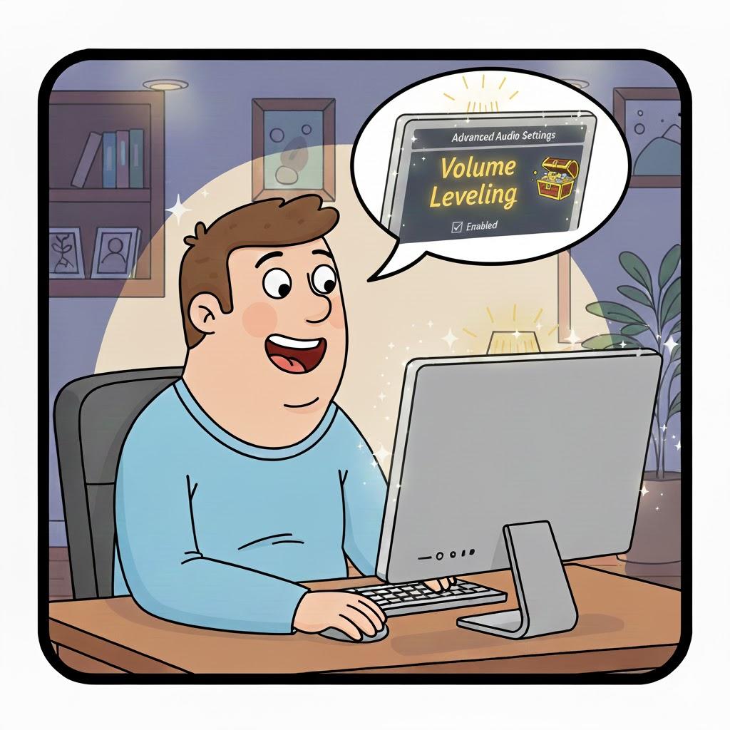 Realistic illustration of a desktop computer displaying a television audio settings menu with the "Volume Leveling" or "Auto Volume" feature clearly enabled. A smiling older adult sits comfortably at the desk, discovering the helpful setting that keeps TV volume consistent. Clean modern interface, warm indoor lighting, photorealistic style, square 1:1 format, no brand names or logos.