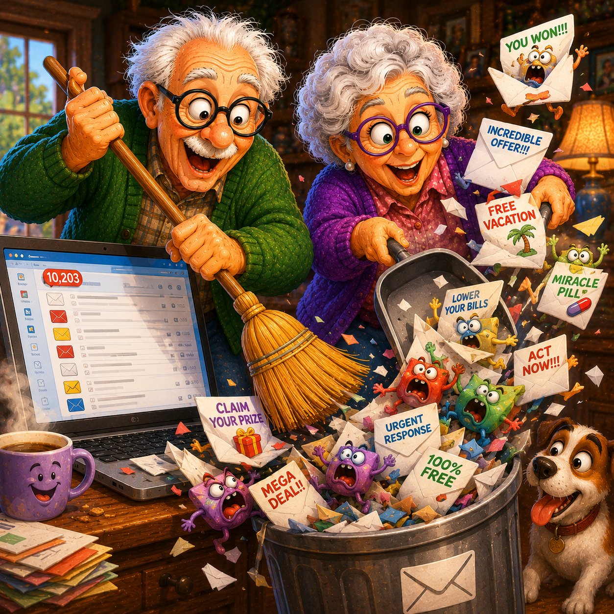 Senior couple cheerfully cleans thousands of unwanted spam emails from an overflowing inbox filled with exaggerated scam offers.
