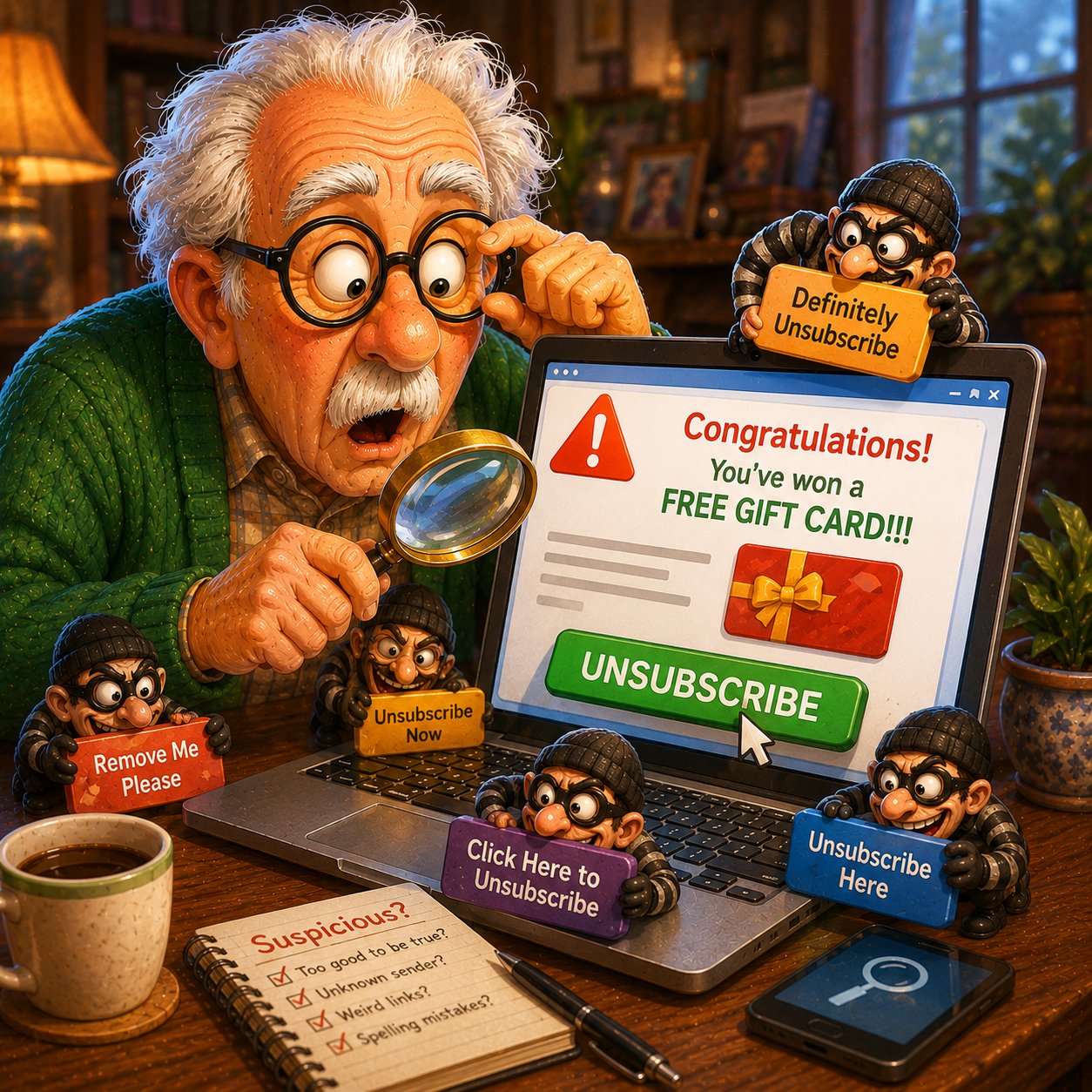 Senior man carefully examines a suspicious promotional email and unsubscribe button while checking for common signs of spam or scams.
