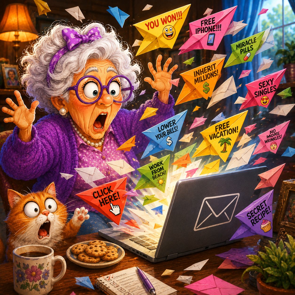 Surprised senior woman reacts as colorful spam emails promising prizes, free vacations, miracle products, and other suspicious offers burst from her laptop.