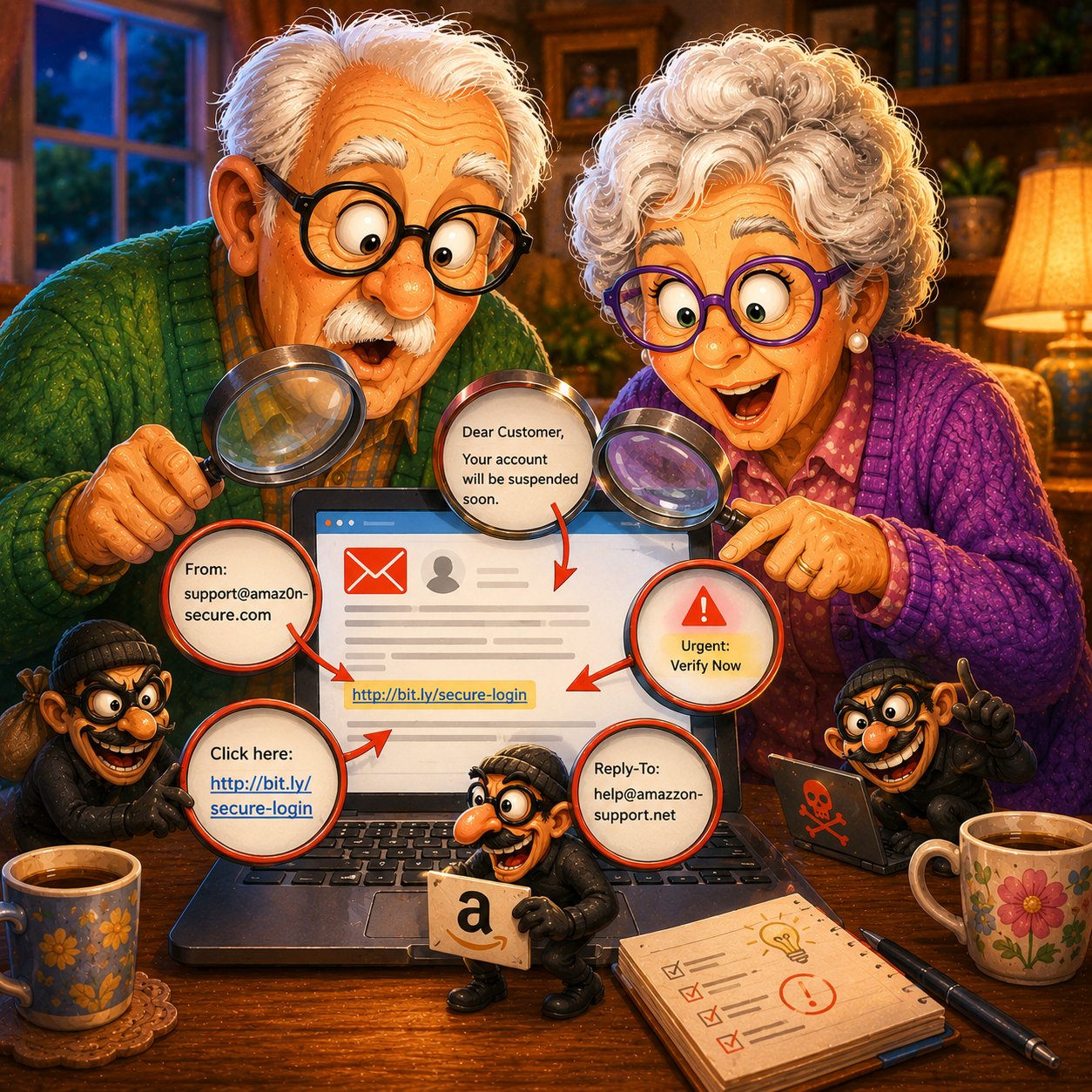 Senior couple uses magnifying glasses to inspect a suspicious email for warning signs such as a fake sender address, urgent message, and questionable link.