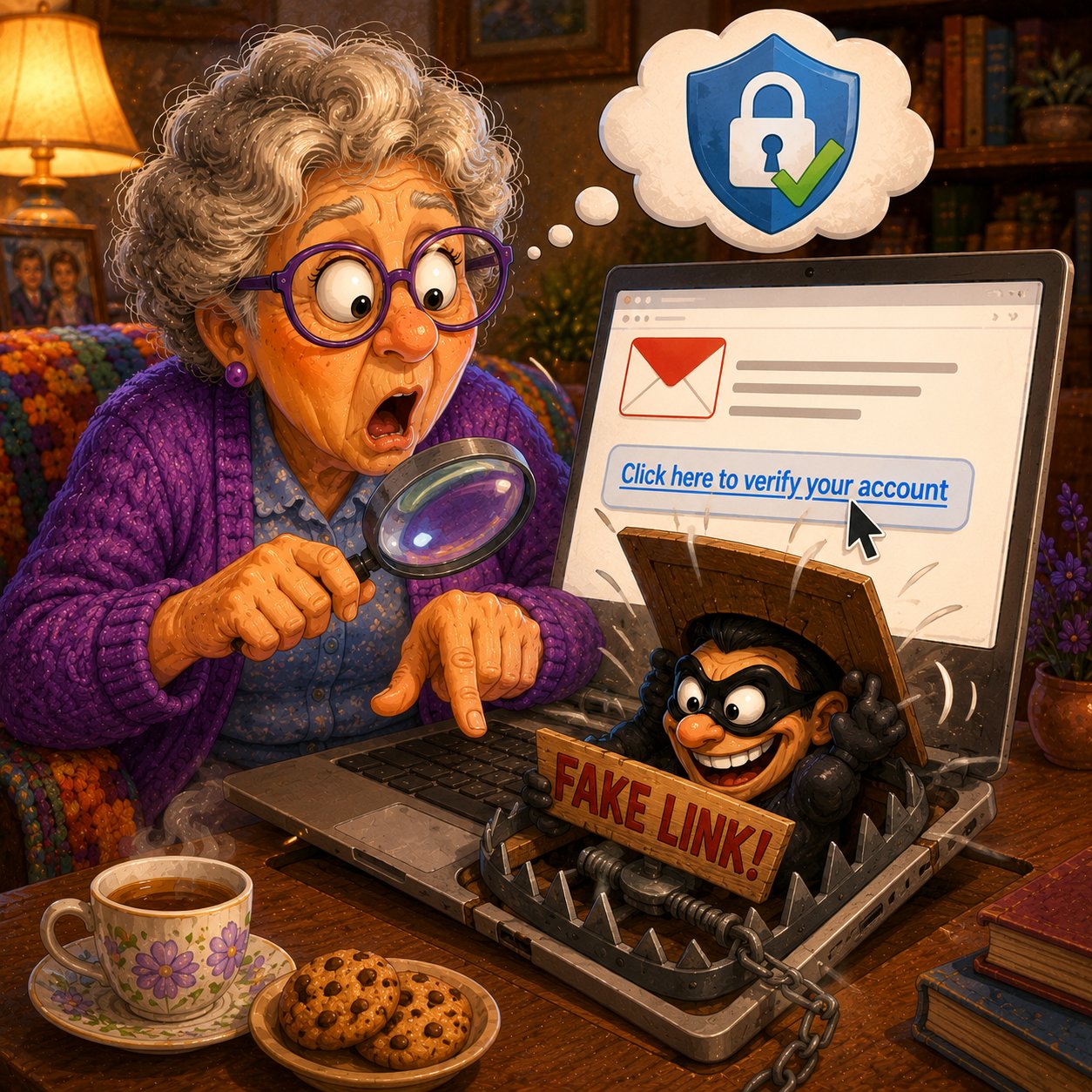 Senior woman discovers a dangerous fake verification link hidden inside a convincing email while checking it carefully with a magnifying glass.