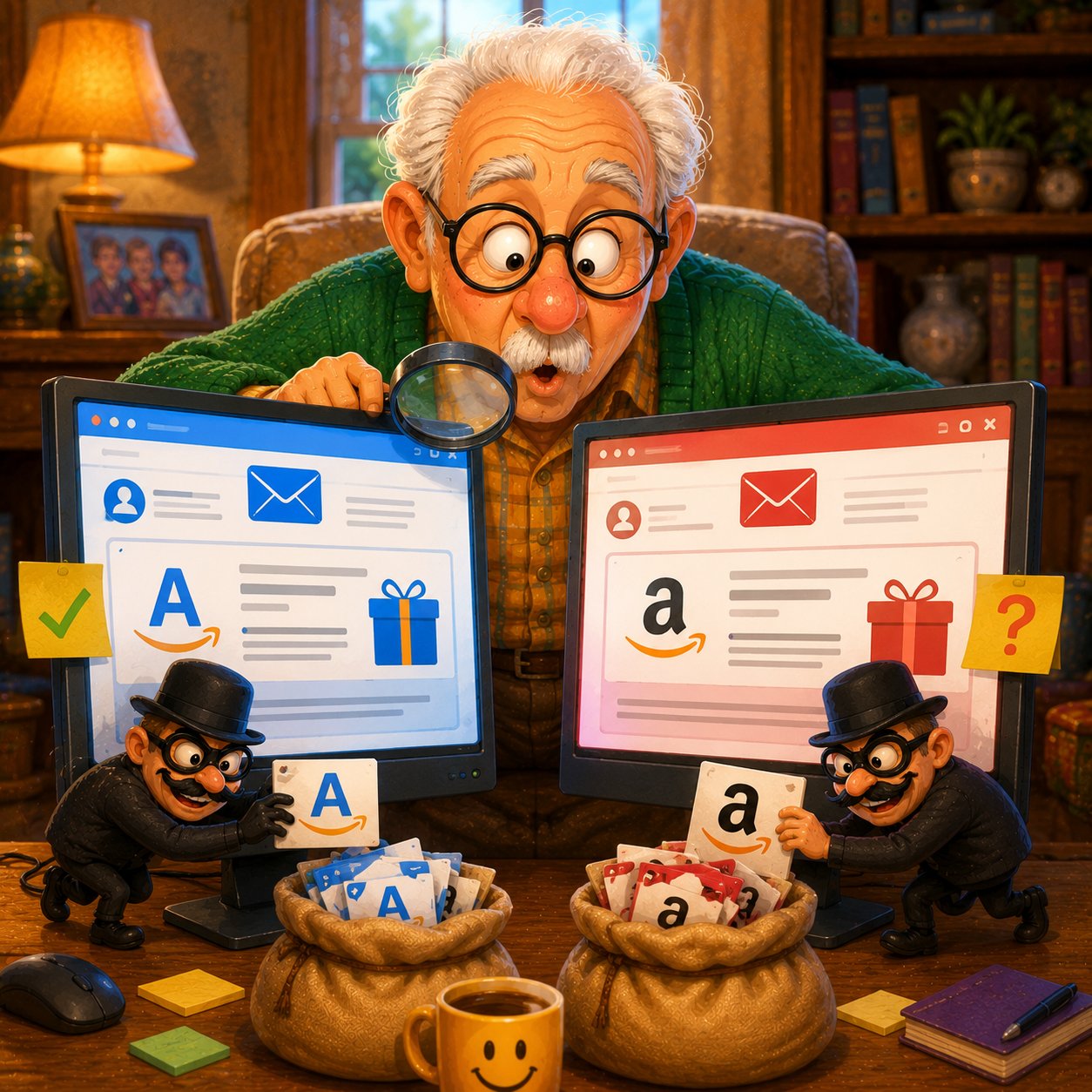 Senior man compares a legitimate email with a convincing fake version to spot subtle differences in branding, sender details, and appearance.