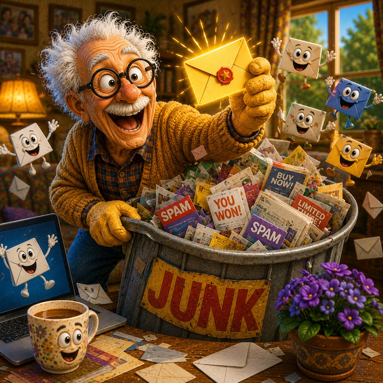Senior man rescues an important email from an overflowing junk folder filled with spam and unwanted promotional messages.