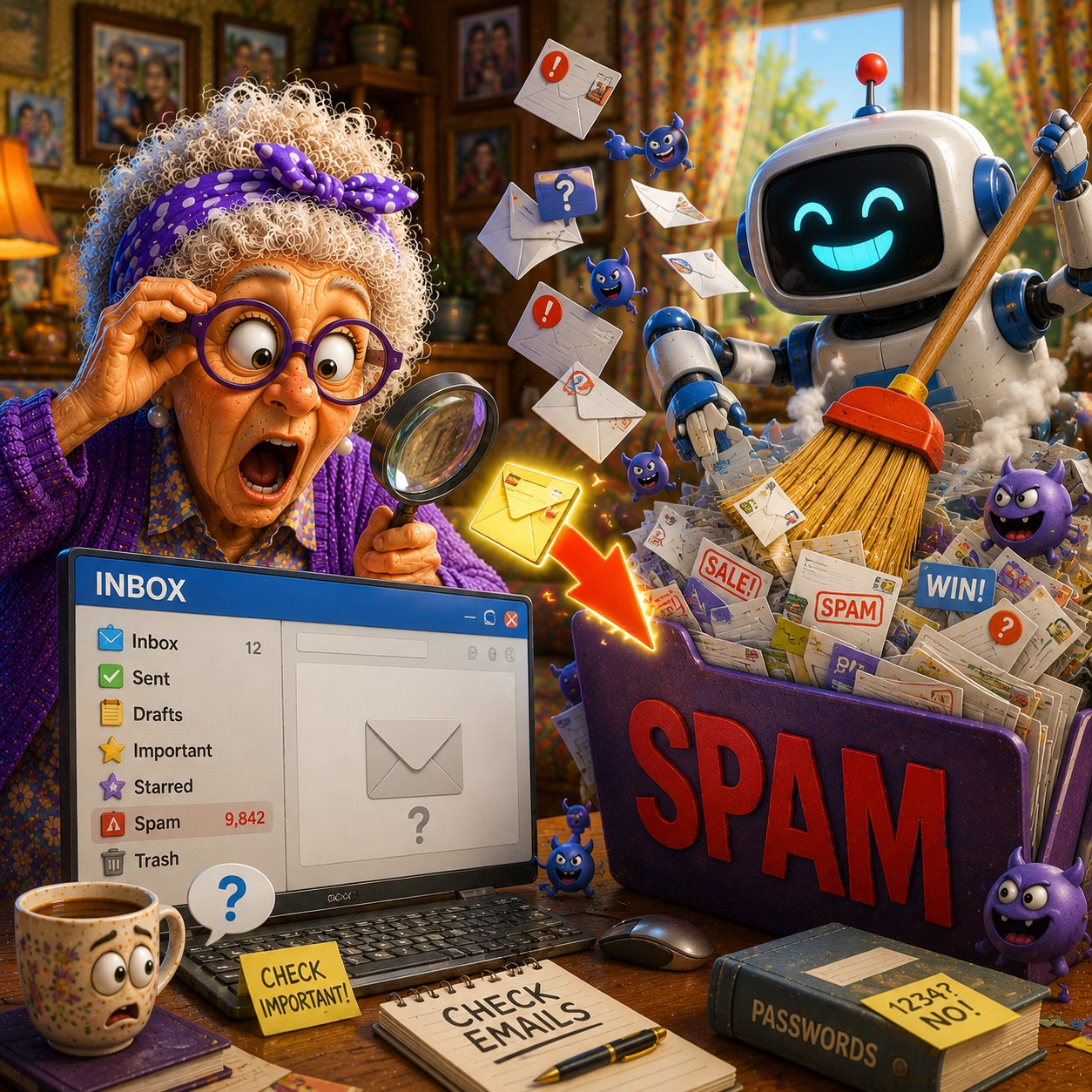Senior woman checks her email while a helpful robot sorts unwanted messages into the spam folder, illustrating how email filters can accidentally catch important emails.