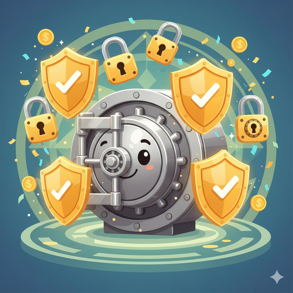 Cartoon illustration of a secure bank vault surrounded by locks and protective shields, representing strong security measures used to protect online banking and financial information.